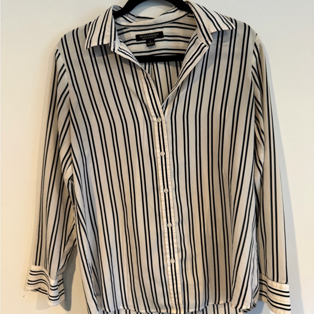 Banana Republic White Shirt with Navy Vertical Stripes